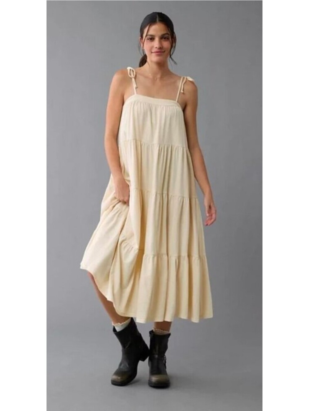 American Eagle Cream Tiered Maxi Dress with Tie Straps, Size L